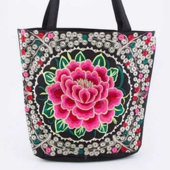 Tibetan Embroidered Flower Tote - Picture 1 of 5